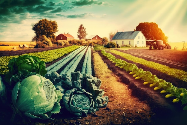 Colheita matinal e colheita de verduras comestíveis em campo com hortas criadas com generat