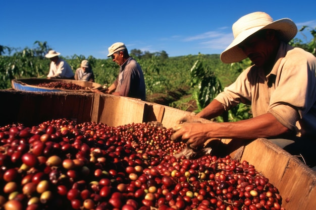Foto colheita panorâmica de café em apucarana parana, brasil os agricultores desfrutam de um dia ensolarado e de um céu azul