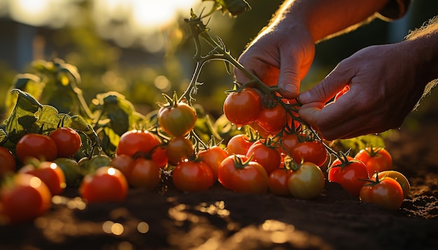 Foto colheita saudável de natureza de tomate fresco cultivada ao ar livre gerada por ia