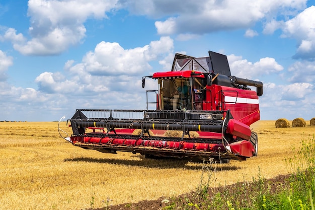 Colheitadeiras pesadas modernas removem o pão de trigo maduro no campo Trabalho agrícola sazonal