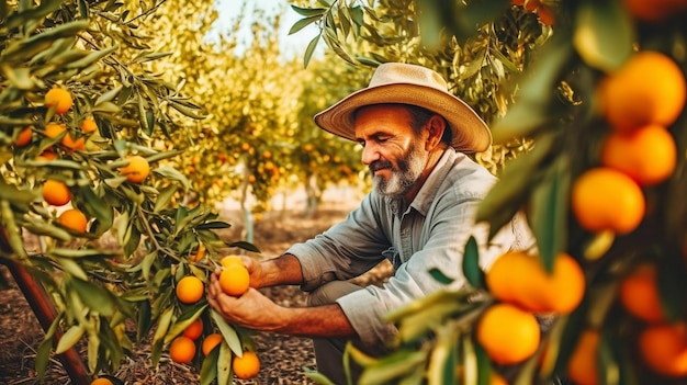 Colhendo frutas de laranjeiras em um campo GERAR IA