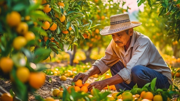 Colhendo frutas de laranjeiras em um campo GERAR IA