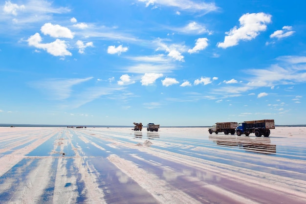 Colhendo sal em uma lagoa salgada La Pampa Argentina