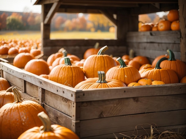 Colher abóboras em uma caixa de madeira no Pumpkin Patch