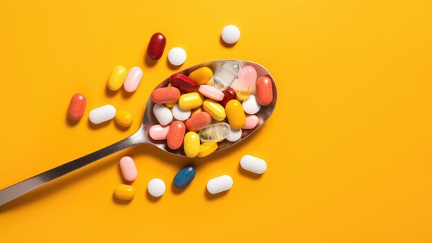 Colher cheia de muitos comprimidos de medicamentos prescritos e pílulas de suplementos vitamínicos em fundo amarelo com espaço para cópia