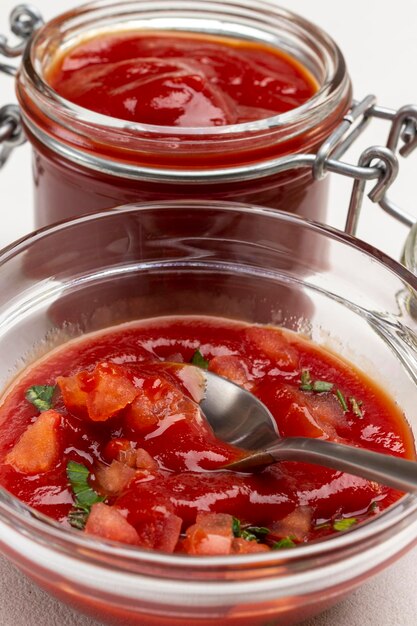 Colher com molho de tomate na tigela de vidro. Molho de tomate no frasco. Fechar-se