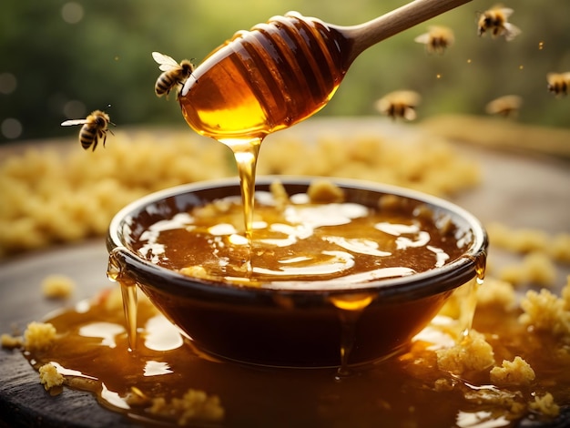 Foto colher de abelhas de mel e flores de mel apetitosas líquidas no fundo da fazenda de mel