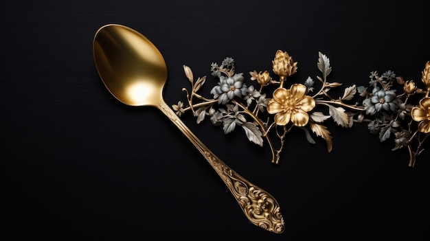 Colher de ouro vintage com padrão floral gravado em um fundo escuro Vista de cima Generative AI
