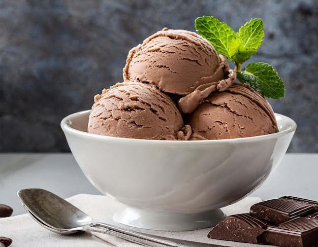 Colheres de sorvete de chocolate com folhas de hortelã em uma tigela