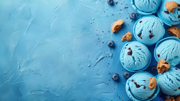 Colheres de sorvete de mirtilo com bagas frescas e biscoitos em fundo azul