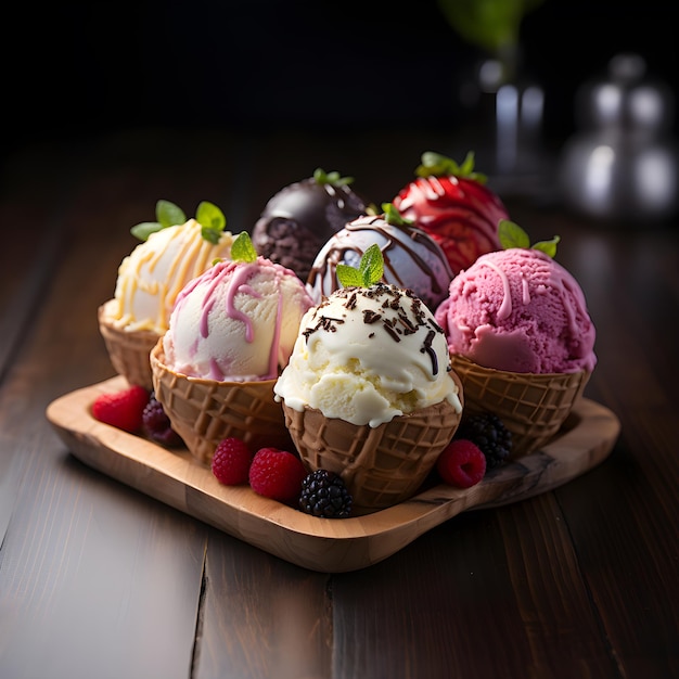 Colheres de sorvete em cones de waffle com bagas e hortelã em fundo de madeira