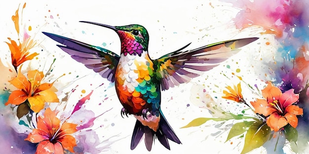 Colibrí en acuarela con fondo de flor Ilustración dibujada a mano