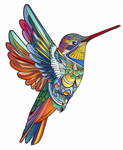 Foto colibrí con alas coloridas y un largo pico generativo ai