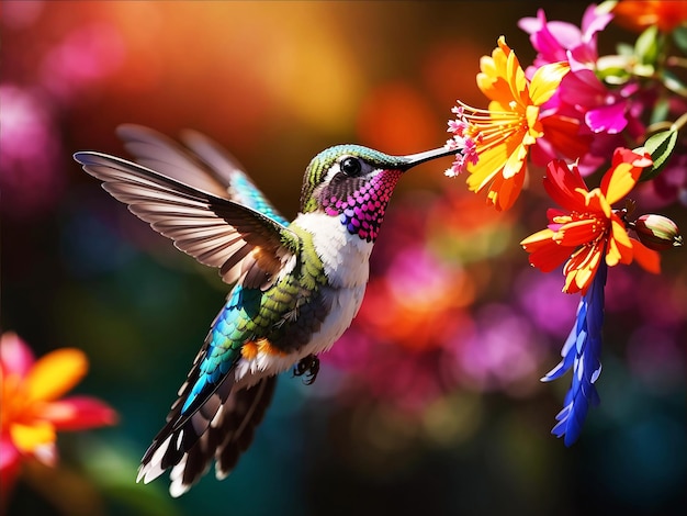 Un colibrí alimentándose de una flor coloridaGenerado por IA