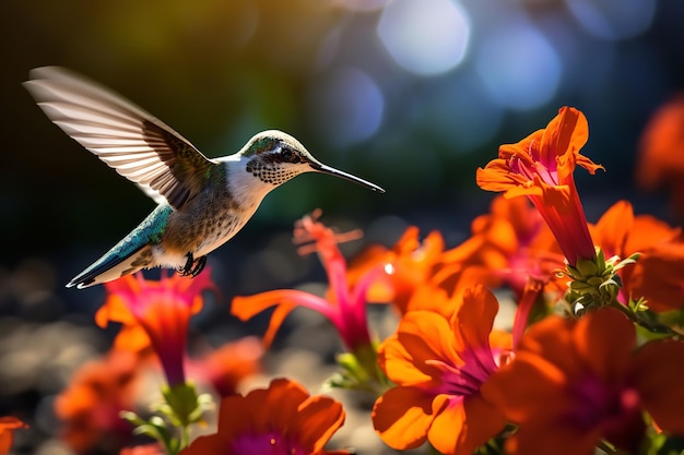 Colibrí alimentándose de flores vibrantes