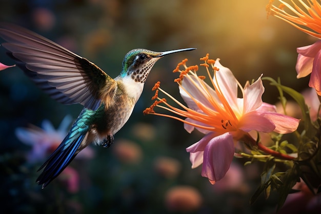 Colibrí alimentándose de néctar de flores