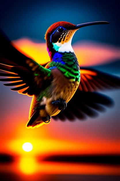 colibrí con amanecer de fondo