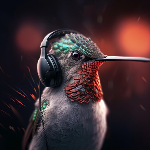un colibrí con auriculares y un fondo negro.