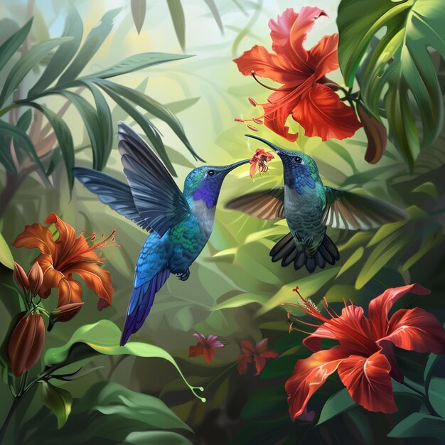Foto colibri azul violet sabrewing voando ao lado de uma bela flor vermelha pássaro pequeno voando na selva