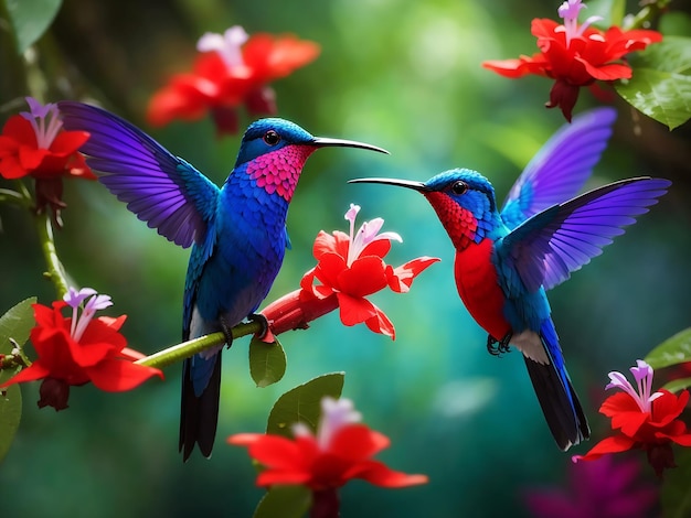 Foto colibrí azul violet sabrewing volando junto a una hermosa flor roja tinny bird vuela en la jungla