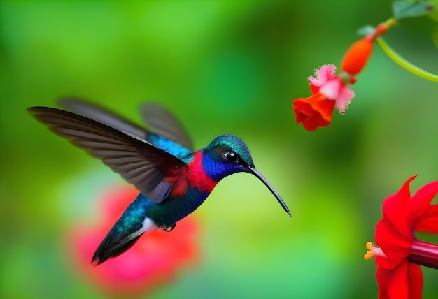 Foto el colibrí azul violet sabrewing volando junto a la hermosa flor roja