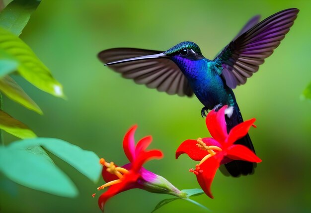 Foto el colibrí azul violet sabrewing volando junto a la hermosa flor roja
