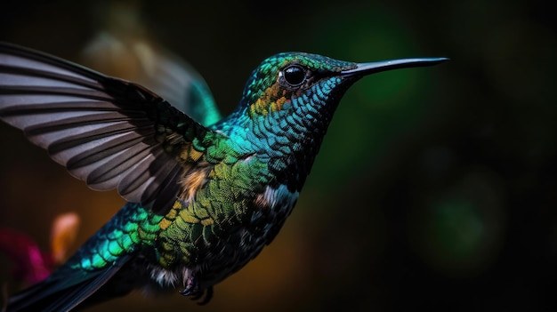 Un colibrí de cabeza verde y plumas azules vuela por el aire.