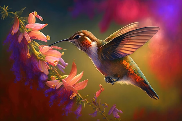 El colibrí chupa el néctar de la flor en la mañana Cerrar