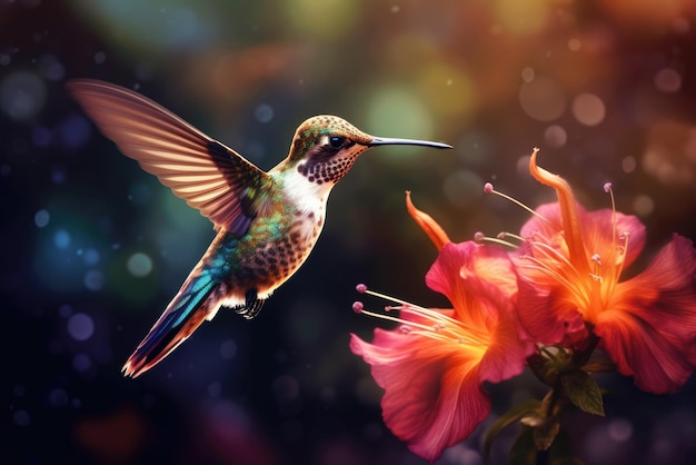 El colibrí chupa el néctar de la flor por la mañana