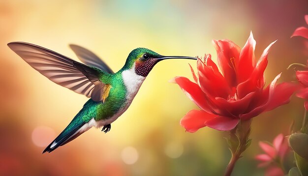 Colibri Colibri volando sobre una flor roja Fantásticos trópicos Foco selectivo generado por la IA