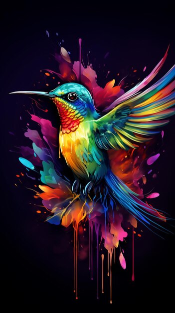 Foto colibrí de colores brillantes con salpicaduras de pintura en un fondo negro