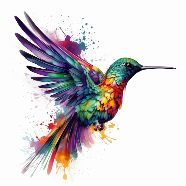 Colibrí de colores brillantes volando con salpicaduras de pintura de colores en sus alas ai generativo