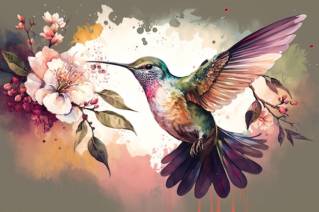 Colibrí colorido en árbol de palo con flor en diseño artístico de acuarela