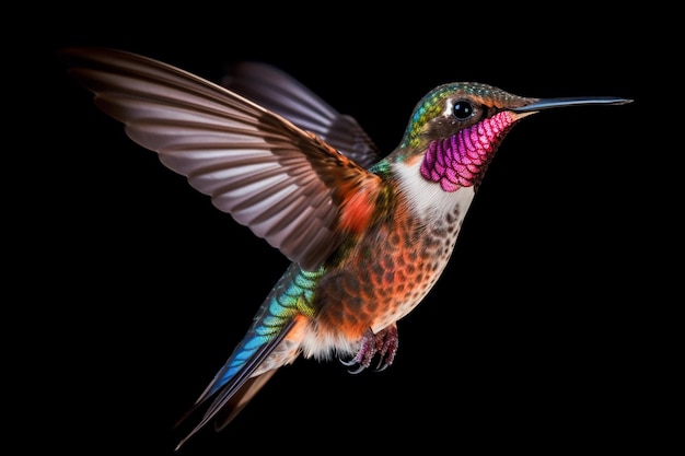 Un colibrí colorido con un fondo negro