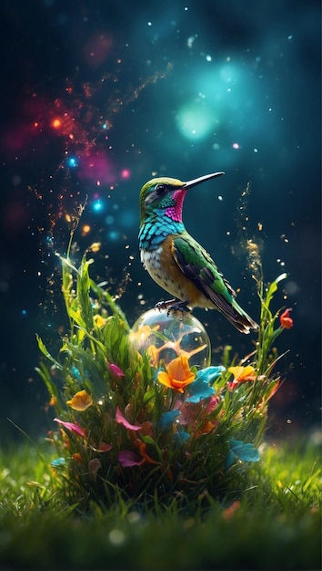 Un colibrí colorido se sienta en un fondo de espacio y estrellas colibrí