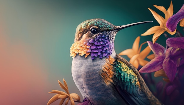 Un colibrí colorido se sienta en una rama con una flor amarilla en el fondo.