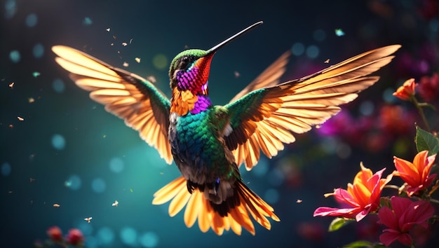 Un colibrí colorido volando por el aire con las alas abiertas