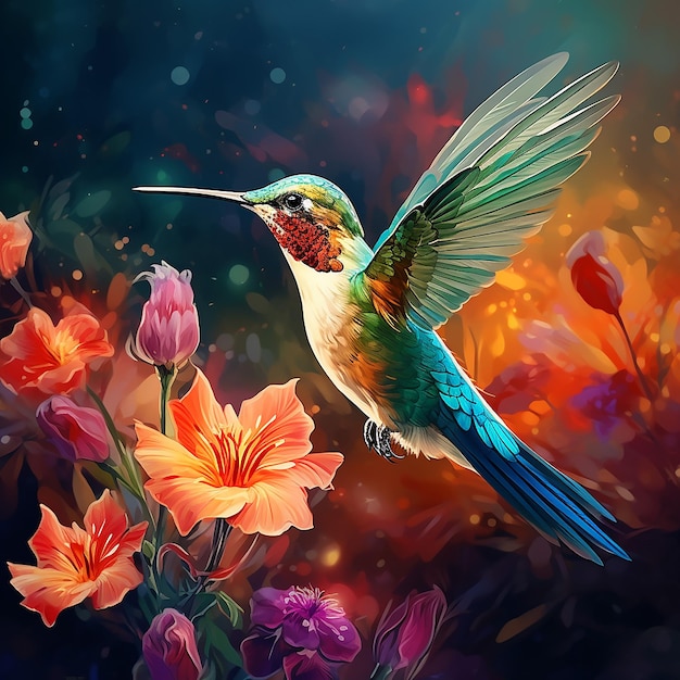 un colibrí colorido volando en el cielo con una flor