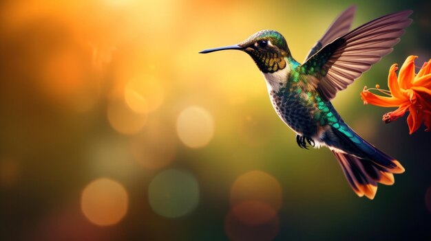 Colibri colorido volando junto a hermosas flores en el fondo borroso de IA generativa