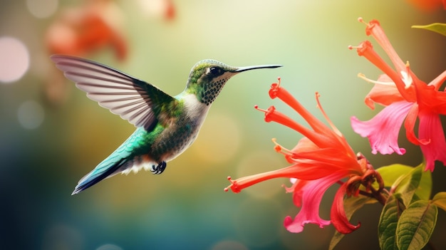 Colibri colorido volando junto a hermosas flores en el fondo borroso de IA generativa