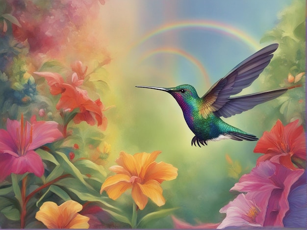 Un colibrí colorido volando sobre una flor con un arco iris en el fondo.