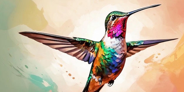 El colibrí colorido en vuelo pintura en acuarela