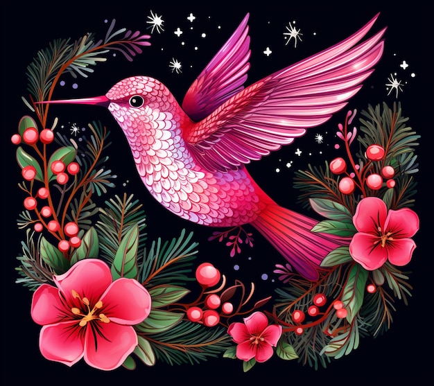 colibri com asas rosas e flores em um fundo preto