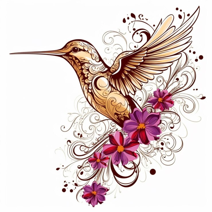 Foto colibri com flores e redemoinhos em um fundo branco generativo ai