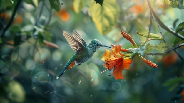 Colibri de cauda longa Sylph Aglaiocercus kingi com flor de laranja em voo