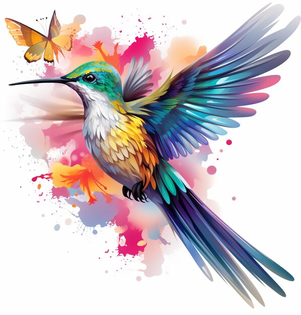 colibri de cores brilhantes com borboleta em fundo branco com salpicos de aquarela