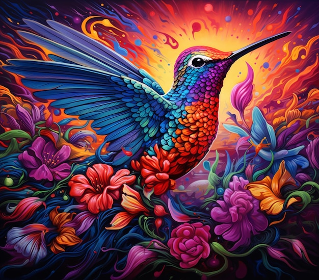 colibri de cores brilhantes com flores e redemoinhos no fundo ai generativo