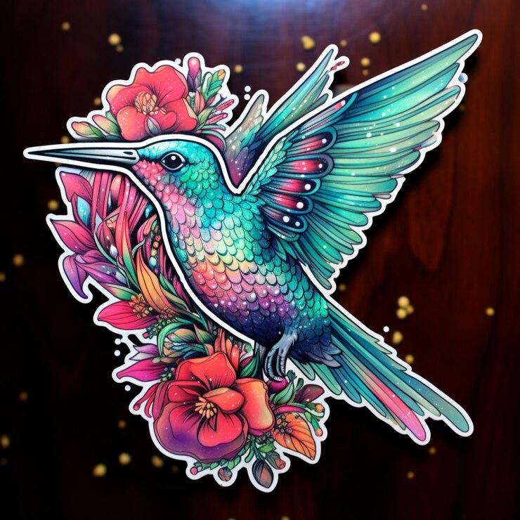 Foto colibri de cores brilhantes com flores em uma superfície de madeira generativa ai