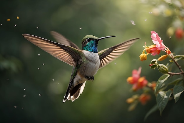 Foto colibri de garganta branca lampornis castaneoventris fêmea voando ao lado de uma flor