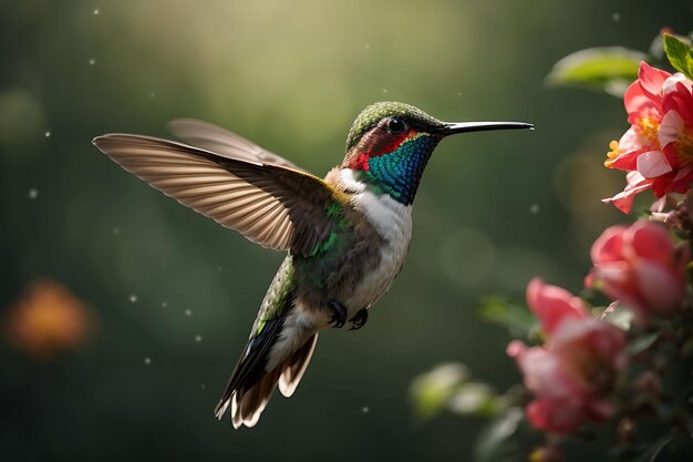 Colibri de garganta branca lampornis castaneoventris fêmea voando ao lado de uma flor